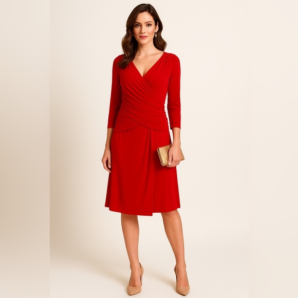 NY Collection flattering women’s red faux v-neck wrap dress w/3/4 sleeves. Y2K L - Picture 1 of 12